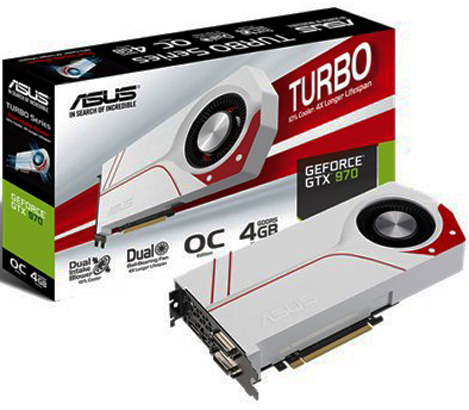  PCI-E ASUS TURBO-GTX970-OC-4GD5 GeForce GTX 970 4GB GDDR5 256bit 28nm 1088/7010MHz DVI x2 (HDCP)/HDMI/DisplayPort RTL