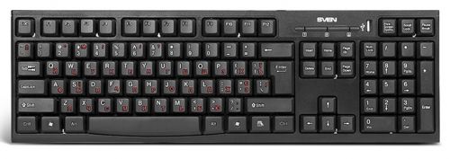  Клавиатура проводная Sven Standard 304 USB+HUB черная, 104 клавиши, встроенный USB hub, классическая раскладка, красная кириллица
