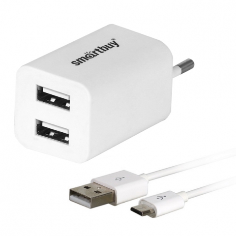  Зарядное устройство сетевое SmartBuy TRAVELER Combo 2*USB + дата-кабель MicroUSB, 2А, белое (SBP-3050)