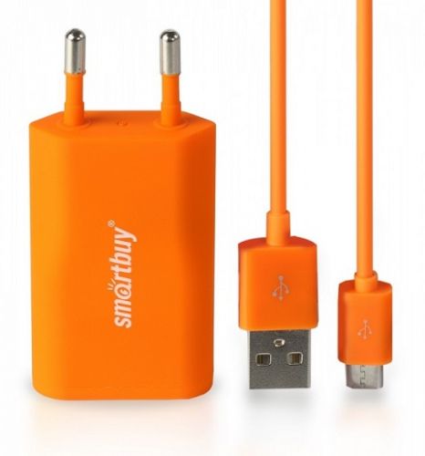  Зарядное устройство сетевое SmartBuy SATELLITE Combo USB+дата-кабель MicroUSB,1А,Soft-touch, оранжевое (SBP-2650)