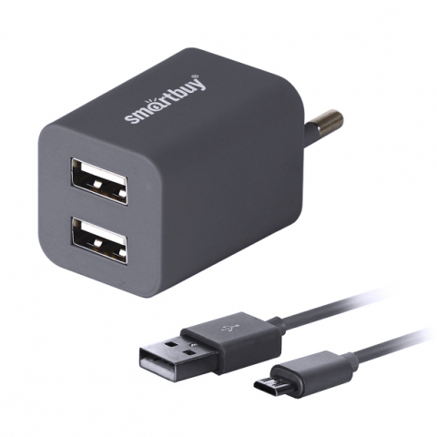  Зарядное устройство сетевое SmartBuy TRAVELER Combo 2*USB + дата-кабель MicroUSB, 2А, серое (SBP-2950)