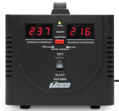 PowerMan AVS-500DBLACK 500VA, Digital Indication, 2x Schuko Outlets, 1m Power Cord, 230V, 1 year warranty, Black