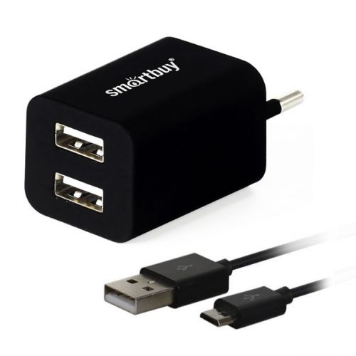  Зарядное устройство сетевое SmartBuy TRAVELER Combo 2*USB + дата-кабель MicroUSB, 2А, черное (SBP-2850)