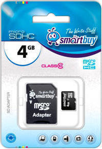 Карта памяти 4GB SmartBuy SB4GBSDCL10-01 micro SDHC class 10 (SD адаптер)