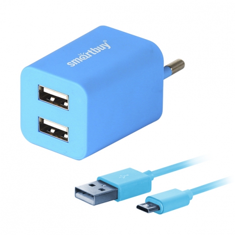  Зарядное устройство сетевое SmartBuy TRAVELER Combo 2*USB + дата-кабель MicroUSB, 2А, синее (SBP-3150)