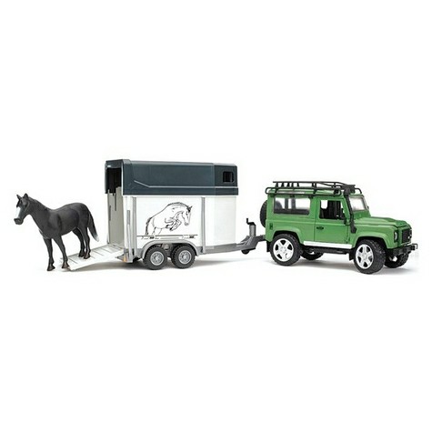  Игрушка Bruder 02-592 Внедорожник Land Rover Defender с прицепом коневозкой и лошадью