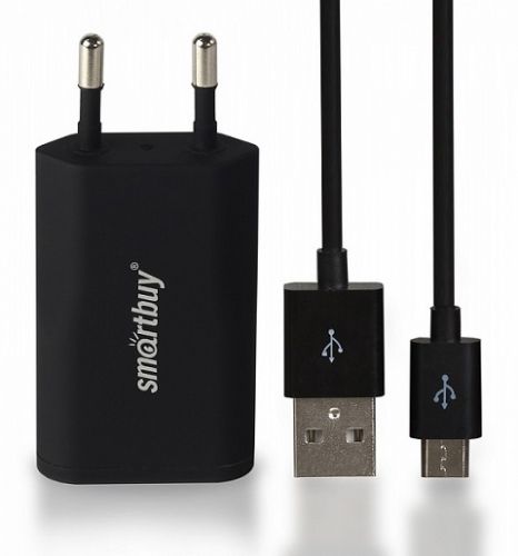  Зарядное устройство сетевое SmartBuy SATELLITE Combo USB+дата-кабель MicroUSB, 1А, Soft-touch, черное (SBP-2450)
