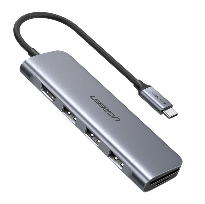 

Концентратор UGREEN 70410 USB-C to 3*USB 3.0-A, HDMI, TF/SD, серый космос, 70410