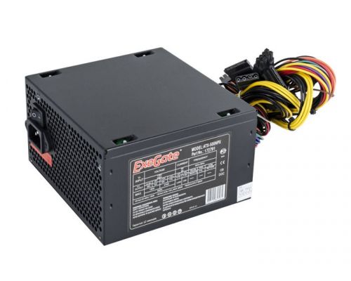 Блок питания ATX Exegate 500NPX EX224734RUS-S 500W, SC, black,12cm fan, 24p+4p, 6/8p PCI-E, 3*SATA, 2*IDE, FDD + кабель 220V с защитой от выдергивания