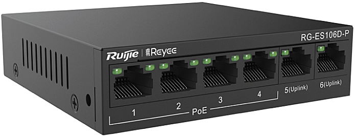 

Коммутатор неуправляемый RUIJIE NETWORKS RG-ES106D-P 4-Port 10/100Mbps + 2 Uplink port 10/100Mbps, 4 of the ports support PoE/PoE+ power supply. Max P, RG-ES106D-P