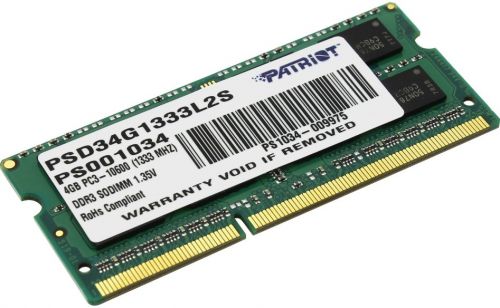 Модуль памяти SODIMM DDR3L 4GB Patriot Memory PSD34G1333L2S PC3-10600 1333Mhz CL9 1.35V retail