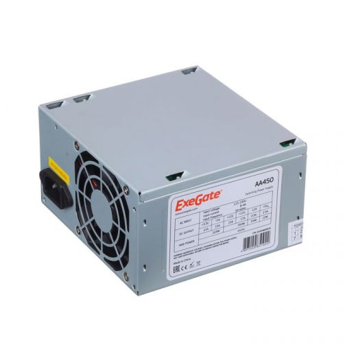 Блок питания ATX Exegate AA450 EX253683RUS-S 450W, SC, 8cm fan, 24p+4p, 2*SATA, 1*IDE + кабель 220V с защитой от выдергивания