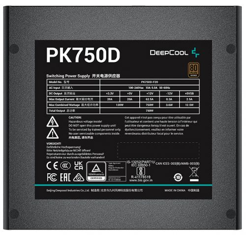 Блок питания ATX Deepcool PK750D 750W, Active PFC+DC to DC, 80PLUS Bronze, 120mm fan RET