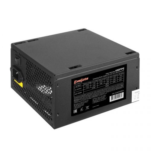 Блок питания ATX Exegate 450PPE EX260640RUS-S 450W, SC, black, APFC, 12cm, 24p+(4+4)p, PCI-E, 3*IDE, 5*SATA, FDD + кабель 220V с защитой от выдергиван