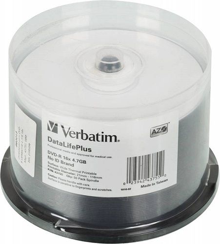 Диск DVD-R Verbatim 43755 4.7Gb 16x Cake Box (50шт) Printable (43755)