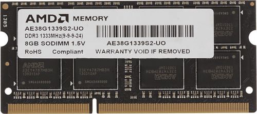 Модуль памяти SODIMM DDR3 8GB AMD R338G1339S2S-UO 1333MHz, PC3-10600, CL9, 1.5V, Non-ECC, black, Bulk