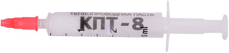 Термопаста Россия КПТ-8 3 гр шприц 3гр, теплопроводность 0.7~0.8 Вт/мК, вязкость 130~180 Па·с, плотность 2.6~3 г/см³