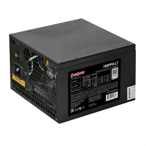 Блок питания ATX Exegate 700PPH-LT EX282048RUS 700W, RTL, 80+, black, APFC, 12cm, 24p, (4+4)p, 5*SATA, 3*IDE