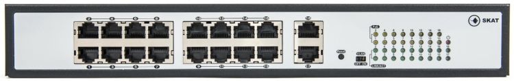 

Коммутатор неуправляемый Бастион SKAT PoE-16E-2G 16хEthernet 10/100 Мбит/с, 10 Мбит/с в режиме VLAN, 2хUplink RJ45 10/100/1000 Мбит/с, SKAT PoE-16E-2G