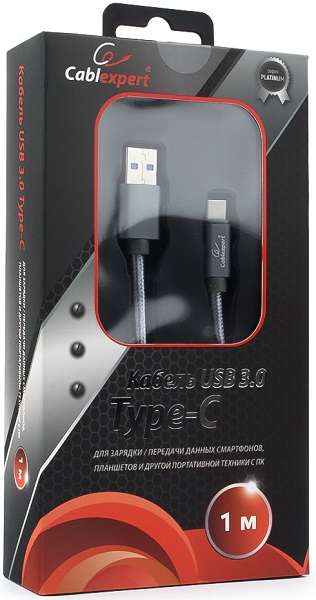 

Кабель интерфейсный USB 3.0 Cablexpert CC-P-USBC03Gy-1M AM/Type-C, серия Platinum, длина 1м, титан, блистер, CC-P-USBC03Gy-1M