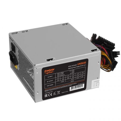 Блок питания ATX Exegate UNS650 ES261571RUS-S 650W, SC, 12cm fan, 24p+4p, 6/8p PCI-E, 3*SATA, 2*IDE, FDD + кабель 220V с защитой от выдергивания