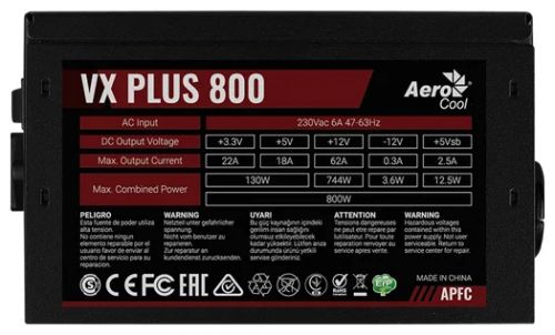 Блок питания ATX AeroCool VX Plus 800 4713105962819 800W, APFC, вентилятор 120x120мм