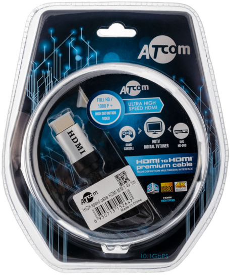 Кабель HDMI Atcom AT5265 2м, HIGH speed, Metal gold, в чулке, блистер