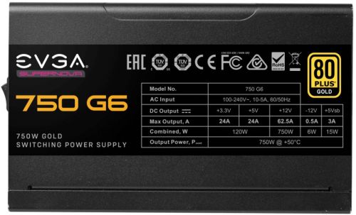 Блок питания ATX EVGA SuperNOVA 750 G6 220-G6-0750-X2 750W, APFC, 80 Plus Gold, fully modular