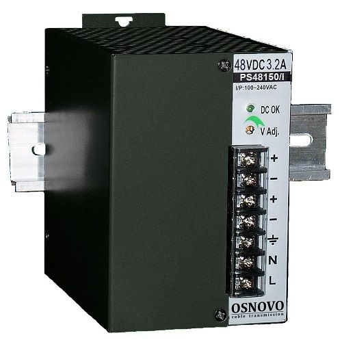 Блок питания OSNOVO PS-48150/I промышленный. 1 выход: DC48V, 3.2A (150W). Диапазон входных напряжений: AC100-240V. КПД: 83%. Защита от короткого замык