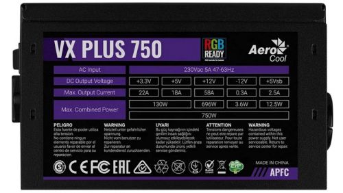 Блок питания ATX AeroCool VX PLUS 750 RGB 4718009150942 750W, APFC, RGB fan 120mm, 2*PCI-E [6+2-Pin], 6*SATA, 3*MOLEX, FDD, 500mm cable, Retail