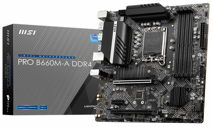 

Материнская плата mATX MSI PRO B660M-A DDR4 (LGA1700, B660, 4*DDR4(4800), 4*SATA 6Gb/s RAID, 2*M.2, 3*PCIE, 7.1CH, 2.5Glan, 4*USB 3.2, 2*DP, 2*HDMI), PRO B660M-A DDR4