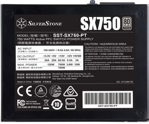 Блок питания ATX SilverStone SX750-PT 750W, 80 Plus Platinum, Active PFC, 92 mm fan, fully modular