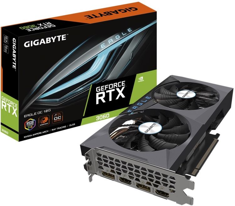 Видеокарта PCI-E GIGABYTE GeForce RTX 3060 EAGLE OC (GV-N3060EAGLE OC-12GD 2.0) 12GB GDDR6 192bit 8nm 1320/15000MHz 2*HDMI/2*DP