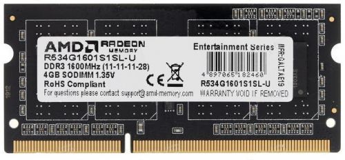 Модуль памяти SODIMM DDR3 4GB AMD R534G1601S1SL-U 1600MHz, PC3-12800, CL11, 1.35V, Non-ECC, Retail