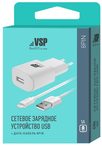 

Зарядное устройство сетевое BoraSco 20644 USB, 1A + дата-кабель 8pin, 1м, белое, 20644