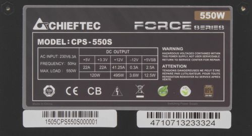 Блок питания ATX Chieftec CPS-550S 550W aPFC, 120mm FAN, КПД 80+, Ret