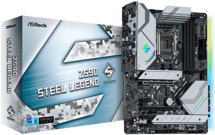 

Материнская плата ATX ASRock Z590 STEEL LEGEND (LGA1200, Z590, 4*DDR4(4800), 6*SATA 6G RAID, 3*M.2, 5*PCIE, 7.1CH, 2.5Glan, HDMI, DP, 7*USB 3.2/2*USB, Z590 STEEL LEGEND