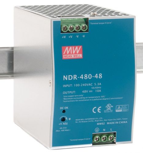 Преобразователь AC-DC сетевой Mean Well NDR-480-48 вых: 480Вт, вход 90…264V AC, 47…63Гц /127…370В DC, выход 48В/10A, рег. вых 48…55В, изоляция 3000В A