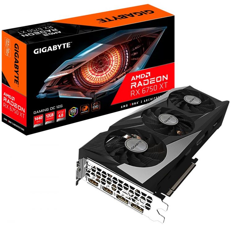 

Видеокарта PCI-E GIGABYTE Radeon RX 6750 XT GAMING OC (GV-R675XTGAMING OC-12GD) 12GB GDDR6 192bit 7nm 2283/18000MHz 2*HDMI/2*DP Ret, Radeon RX 6750 XT GAMING OC (GV-R675XTGAMING OC-12GD)