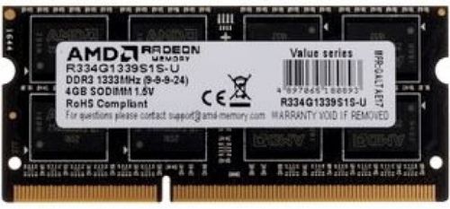 Модуль памяти SODIMM DDR3 4GB AMD R334G1339S1S-U 1333MHz, PC3-10600, CL9, 1.5V, Non-ECC, Retail