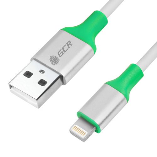 Кабель GCR 33-050544 1.5m Apple USB 2.0, AM/Lightning 8pin MFI для Iphone 5/6/7/8/X - поддержка всех IOS, белый, AL корпус серебро, зеленый ПВХ