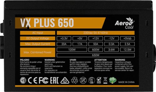 Блок питания ATX AeroCool VX PLUS 650 4713105962789 650W (20/24+4 SATA+3 PATA+6/2x8 pin, вентилятор d120мм)