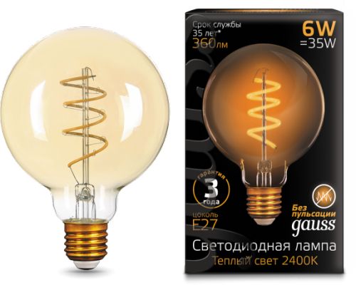 Лампа светодиодная Gauss 105802007 LED Filament G95 Flexible E27 6W Golden 360lm 2400К лампа светодиодная gauss 1340112 e27 g95 6 5вт