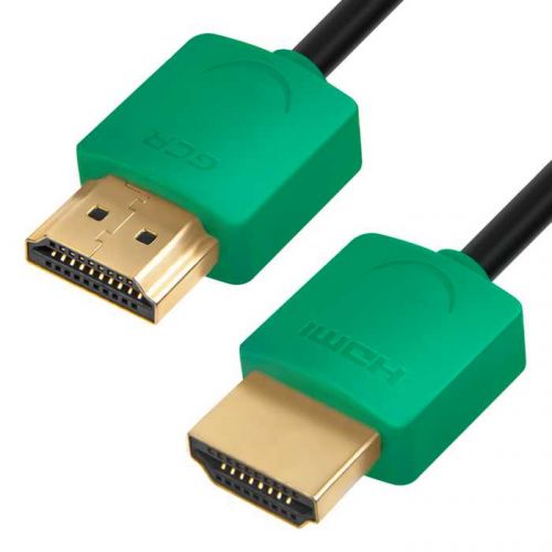 Кабель интерфейсный HDMI-HDMI GCR GCR-HM502 GCR-51580 1.0m HDMI 2.0, зеленые коннекторы Slim, OD3.8mm, HDR 4:2:2, Ultra HD, 4K 60 fps 60Hz, 3D, AUDIO,