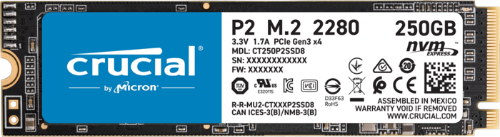 Накопитель SSD M.2 2280 Crucial CT250P2SSD8 P2 250GB PCIe Gen 3.0 NVMe 3D QLC 2100/1150MB/s MTBF 1.5M