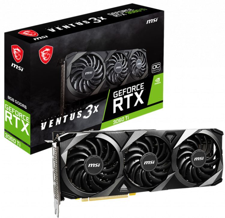 

Видеокарта PCI-E MSI GeForce RTX 3060 Ti VENTUS 3X OC (RTX 3060 Ti VENTUS 3X 8G OC LHR) 8GB GDDR6 256bit 8nm 1410/14000MHz HDMI/3*DP HDCP Ret, GeForce RTX 3060 Ti VENTUS 3X OC (RTX 3060 Ti VENTUS 3X 8G OC LHR)