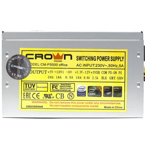 Блок питания ATX Crown CM-PS500 office CM000001923 500W (120mm FAN, SATA*2, PATA(big Molex)*3, FDD*1, 4+4pin) OEM