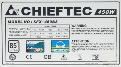 Блок питания SFX Chieftec SFX-450BS 450W SFX, A.PFC, 4x SATA, 2x MOLEX, 1x PCI-E (6-Pin), 80mm FAN, OEM
