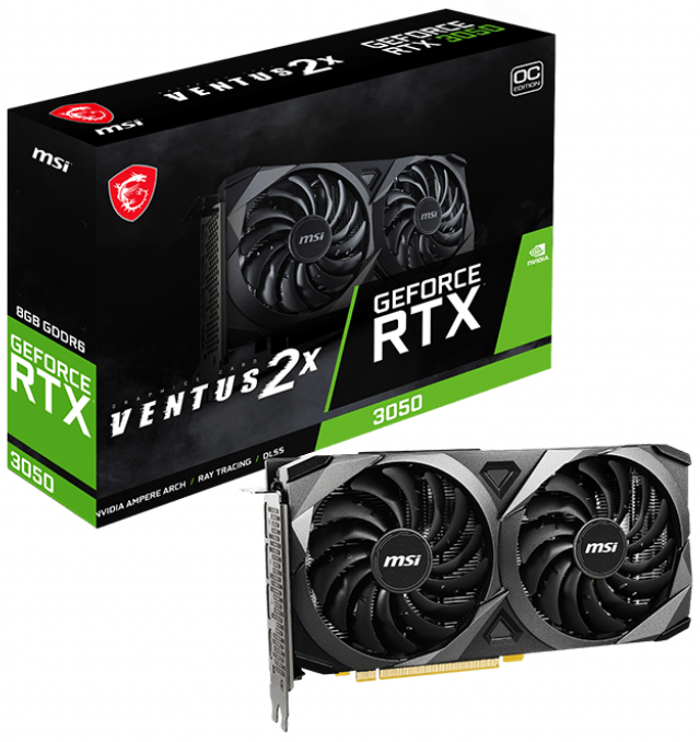 Видеокарта PCI-E MSI GeForce RTX 3050 VENTUS 2X OC (RTX 3050 VENTUS 2X 8G OC) 8GB GDDR6 128bit 8nm 1552/14000 HDMI 3*DP HDCP Ret