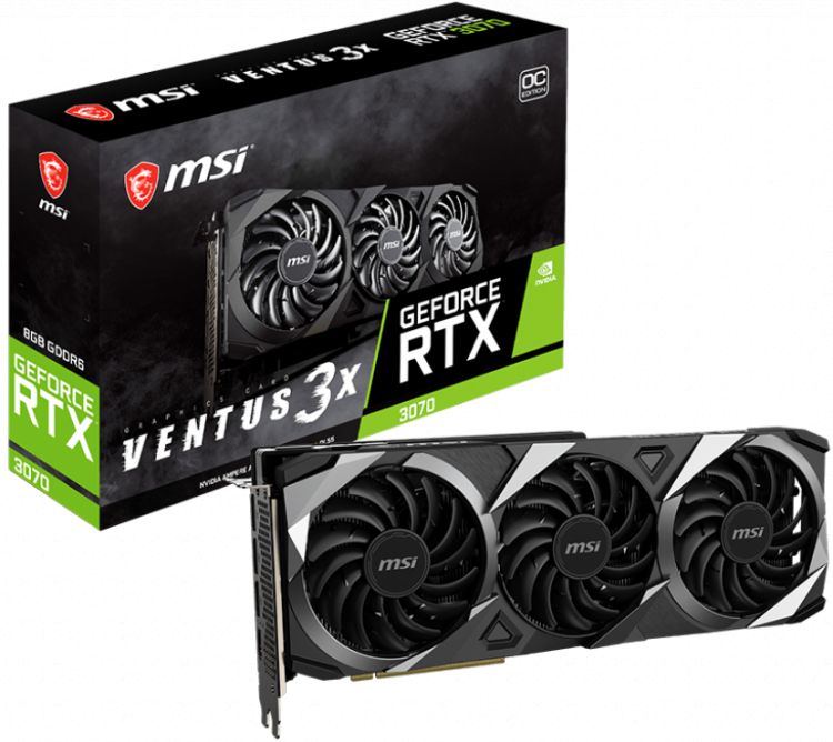 

Видеокарта PCI-E MSI GeForce RTX 3070 VENTUS 3X OC LHR 8GB GDDR6 256bit 8nm 1500/14000MHz 2*HDMI/2*DP, GeForce RTX 3070 VENTUS 3X OC LHR